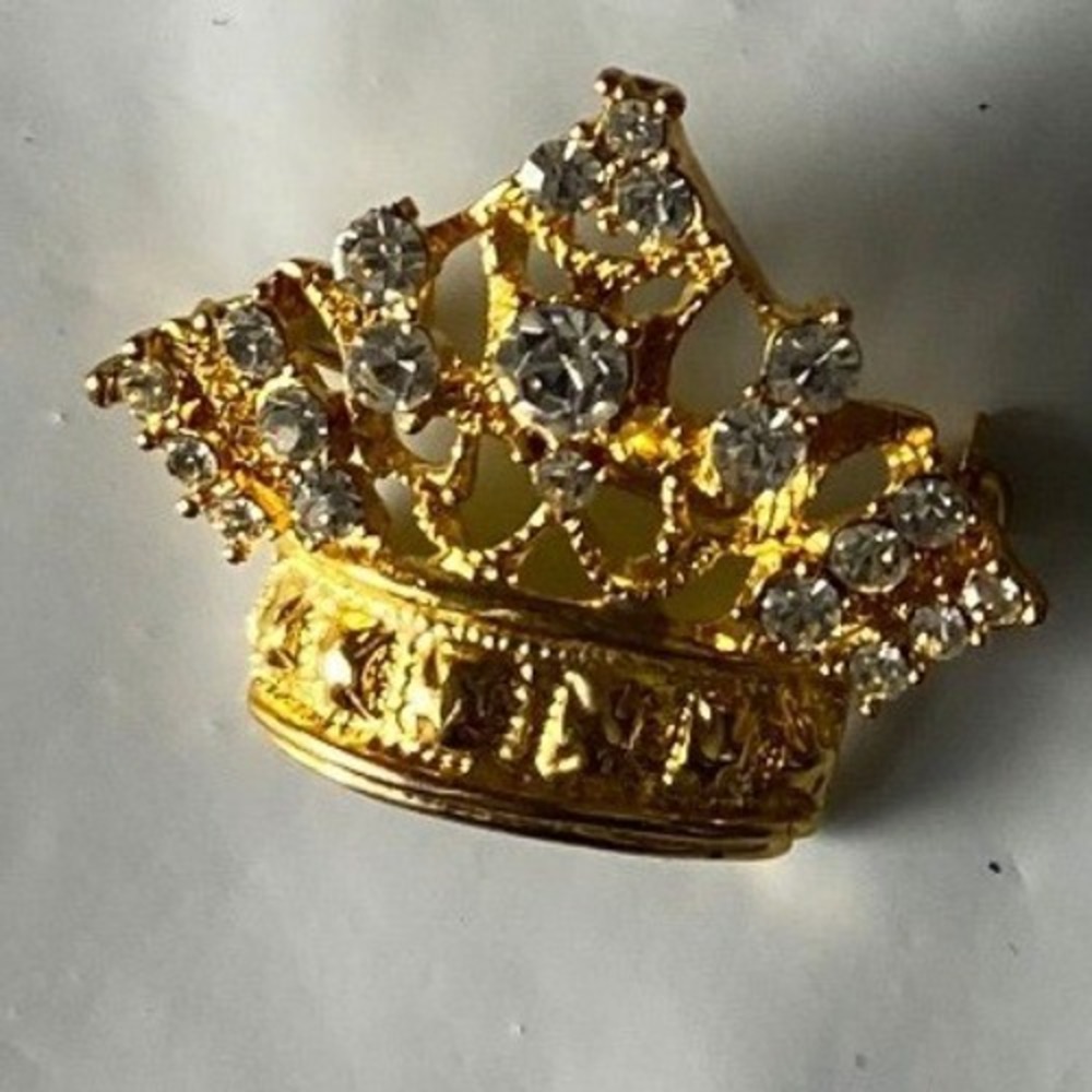 Gold Tone Crown Pin Brooch with Clear Rhinestone Accents Regal Tiara Jewelry